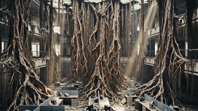 In an abandoned structure, vibrant roots dangle from above, intertwining with remnants of human life. Soft beams of sunlight illuminate the scene, showing nature's strength.