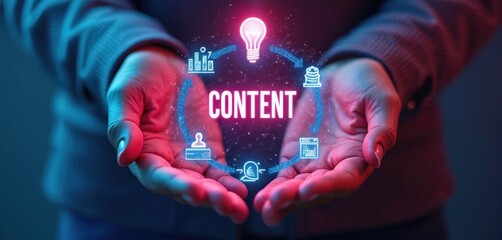 Hands hold glowing digital cycle for content creation, planning, publishing, and analysis. Business strategy involves idea generation via lightbulb. Online marketing progress tracked via charts.