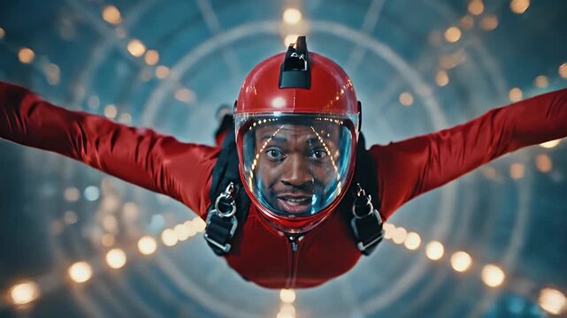 Man In Red Suit And Helmet In Aerodynamic Tunnel With Overhead Lighting