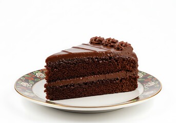 Delicious chocolate cake slice on a decorated plate against a clean white background