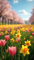 Fototapeta premium Vibrant field of pink tulips, yellow daffodils, green grass covers ground. Cherry trees blossom in distance under bright blue sky filled with white clouds. Gorgeous spring landscape displays colorful