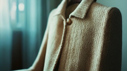 Textured beige blazer on mannequin showcasing fine fabric details and elegant design in soft light