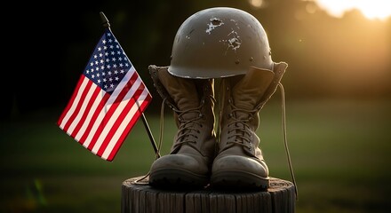 Remembrance: Patriotic tribute featuring combat boots, helmet and American flag against a sunset