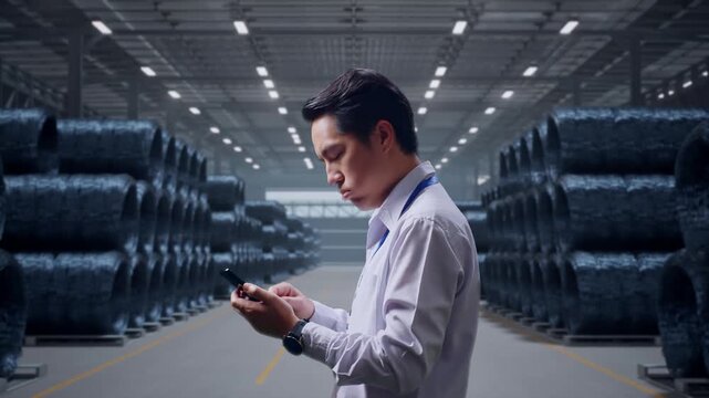 Side View Of An Asian Male Professional Worker Standing With His Smartphone with Stacks of Huge Metal Wire Coils in Warehouse, Checking With Dissapionted And Nodding His Head 