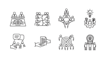 Hand drawn business icon set representing teamwork collaboration innovation and success vector