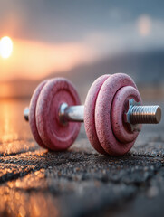 Pink dumbbell at sunrise &mdash; healthy habits, morning fitness, and motivation to stay consistent.