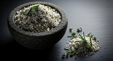 Rustic stone mortar filled with dried herbs and spices