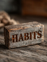 Close-up of HABITS text on wood &mdash; motivation to build better daily habits.