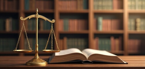 Scales of justice with law books on table. Balance fairness. Classic legal concept with courtroom library background. Authority metaphor with golden balance. Judgement books in law firm show