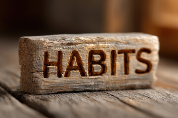 Wooden block with the word HABITS &mdash; daily routine, habit tracking, and mindset improvement.
