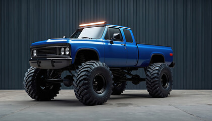 Powerful shiny blue monster truck with massive tires sits inside grey industrial garage. Custom lifted pickup features robust suspension system. Bright roof light bar completes vehicle look.