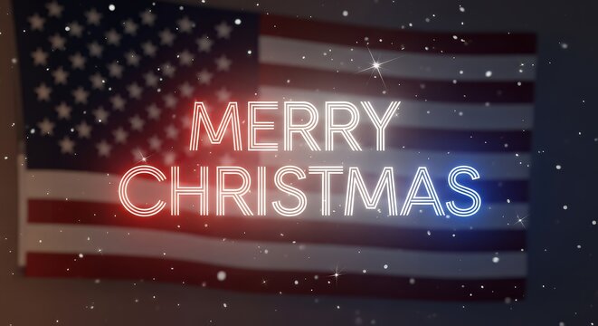 Merry christmas text with american flag and snow background