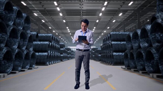 Full Body Side View Of An Asian Male Professional Worker Standing With His Tablet with Stacks of Huge Metal Wire Coils in Warehouse, Typing On His Tablet'S Keybaord With Meditation