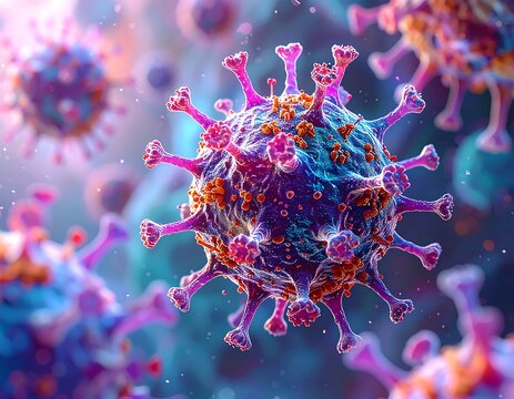 Rendered, microscopic image of a spherical virus particle with spike proteins