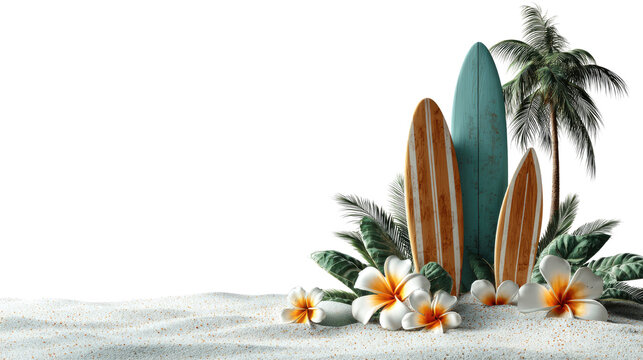 Beach scene with surfboards palm trees and vibrant tropical flowers creating cheerful summer island atmosphere isolated on white background
