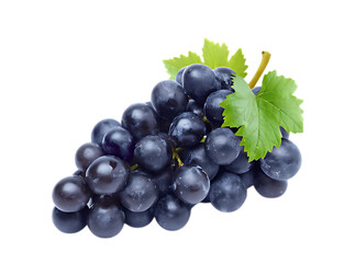 Fototapeta premium Bunch Of Fresh Dark Grapes With Green Leaves Isolated On Transparent Background
