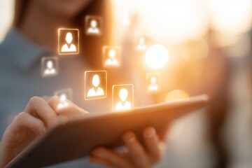 Modern technology connects people through digital platforms during sunset in a busy urban setting