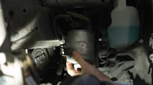 The master removes the fuel filter from the holders in the car. Home self-repair of the car. Evening atmosphere, professional light