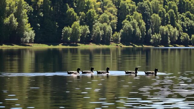 A group of six ducks swims peacefully across a serene lake, gliding smoothly on the reflective water. The ducks move in a line, creating ripples in the calm lake surface under brig