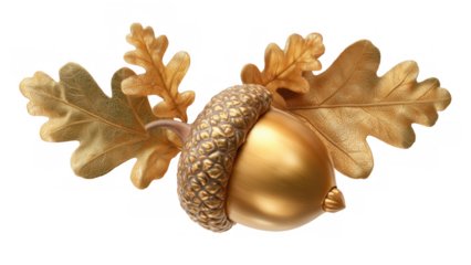 Golden acorn with vibrant leaves, created with AI, PNG