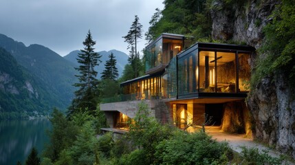 Modern glass house perched on cliffside with stunning mountain and lake view, surrounded by lush greenery and serene natural landscape at dusk