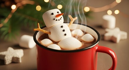 Cute marshmallow snowman floating in a warm mug of hot chocolate with christmas lights