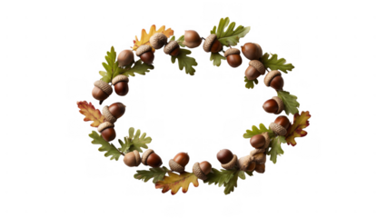 Decorative circle of acorns and leaves, created with AI, PNG