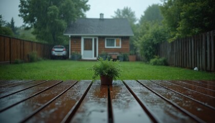 Rain falls on wet wooden deck in residential backyard setting. Water droplets cover brown planks, small potted plant. Rich green lawn, cozy house, car visible behind wooden fence. Dark clouds suggest