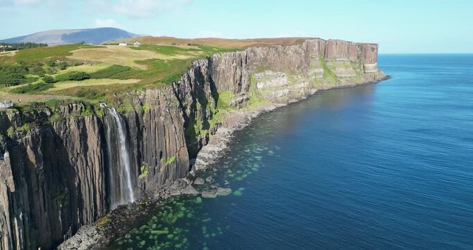Drone view of Kilt Rock & Mealt Falls, Isle of Skye, Scotland