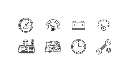Set of hand drawn automotive icons representing car repair service and vehicle performance monitoring vector