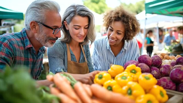 Friends browsing farmers market on sunny morning, colorful produce, sustainability and friendship, slow living lifestyle, shopping and laughter, connection through community, outdo