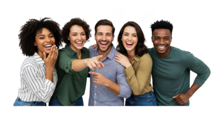 Diverse group of friends laughing and smiling together joyfully transparent background