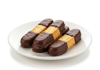 Delicious chocolate covered biscuits on white plate isolated