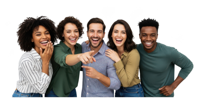 Diverse group of friends laughing and smiling together joyfully transparent background - Powered by Adobe