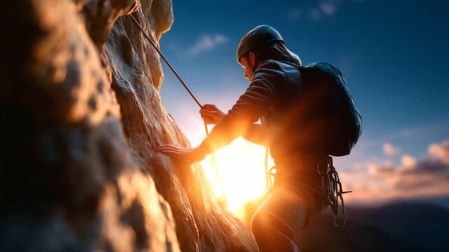 Man rock climbing with safety gear, sunlight hitting mountain wall, strength and endurance moment, adventure sports, physical challenge, mental focus, outdoor adventure, determinat