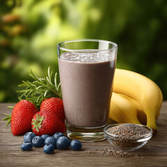 Strawberry banana smoothie in glass with blueberries, chia seed, and rosemary on wooden table, fresh and healthy