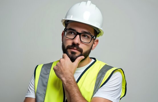 Pensive man wears hard hat and safety vest. He has hand on chin, thinks deeply. Engineer contemplates a problem on white background. Worker considers next step.