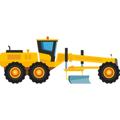 Yellow Construction Grader Machine With Blue Cabin and Blades For Road Work and Ground Leveling on Transparent Background