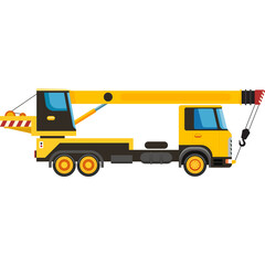 Yellow crane truck with black accents and a long articulated boom arm is depicted against a transparent background with a hook and cables ready for operation.