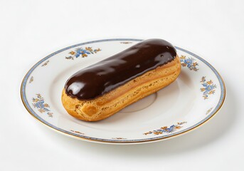 Delicious chocolate eclair dessert isolated on decorative plate