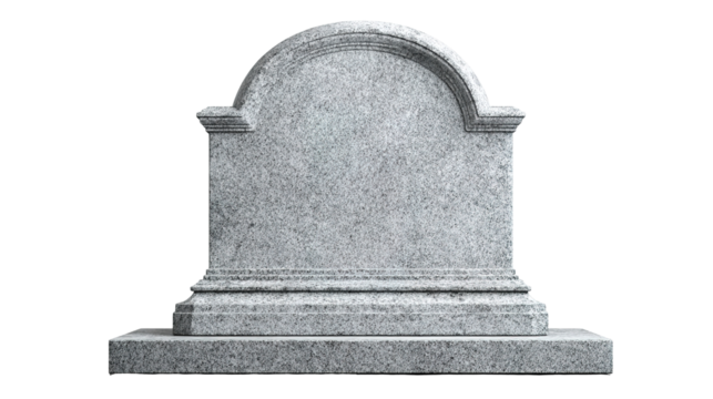 The image shows a gray granite tombstone or gravestone. It has a smooth, polished surface with a rounded top and stands on a rectangular base. The stone is simple and unengraved, often used as a heads