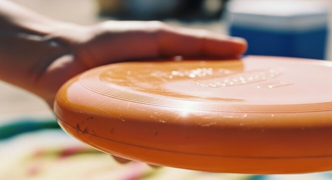 hand holding orange frisbee at beach, symbolizing fun, friendship, and carefree summer energy