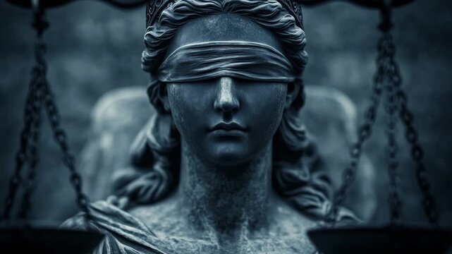 A statue of Lady Justice with a blindfold stands in a dark environment, symbolizing impartiality and fairness in legal matters