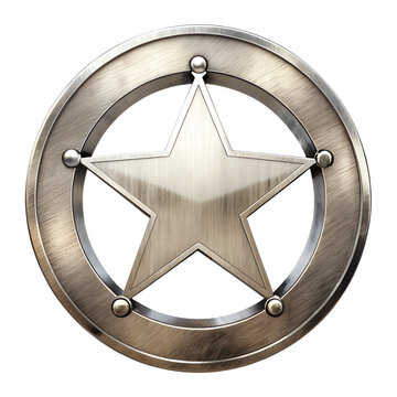 Shiny silver sheriff star badge with a circle frame isolated on transparent background, a symbol of law enforcement and western heritage