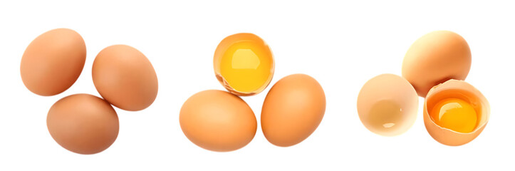 Raw Chicken Eggs Whole And Cracked Yolks And Whites Isolated On Transparent Background
