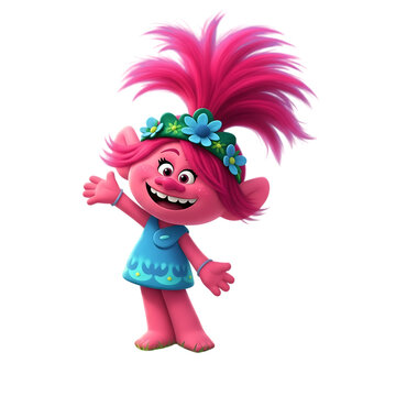 Poppy Troll Character Smiling And Waving Pink Hair Flower Crown Isolated On Transparent Background