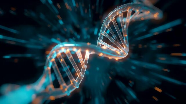 Twisting DNA Double Helix with Glowing Particles and Blue Orange Streaks on Dark Background