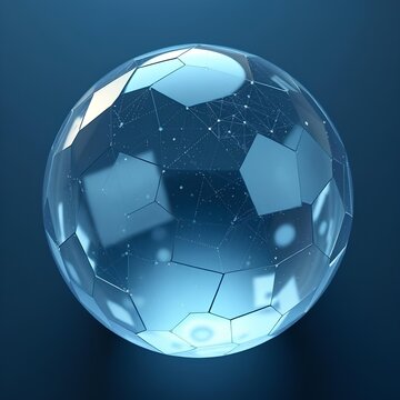 Blue transparent 3D sphere on a blue background.