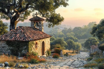 Small stone chapel with red tiled roof and bell tower on a cobblestone path surrounded by trees and flowers at golden sunset Generative AI