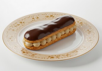 Delicious chocolate eclair dessert on ornate plate studio food photography